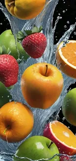 Colorful fruits in water splash wallpaper.