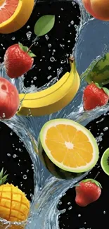 Vibrant fruits splash on dark background.