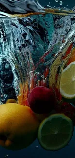 Vibrant fruits splashing into clear water on a dark teal background.