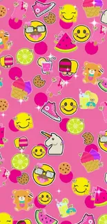 Bright pink wallpaper with vibrant emojis and fun icons for mobile phones.