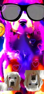 Funky dog art with glasses and colorful hearts on a vibrant background.