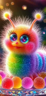 A vibrant, colorful furry creature with bright rainbow colors on a mobile wallpaper.