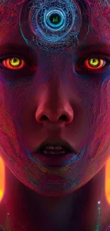 Futuristic portrait with neon colors and AI elements.