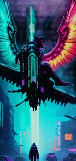 Futuristic cityscape with angelic wings in vibrant neon colors.