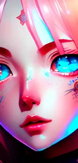 Futuristic anime art with neon colors and pink-haired character.