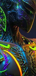 Futuristic armor with vibrant neon design and abstract patterns.