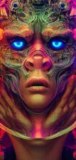 Futuristic abstract face with neon and glowing blue eyes in vibrant colors.