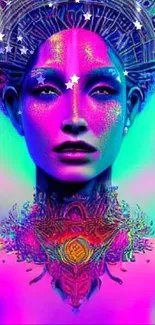 Vibrant futuristic art wallpaper with neon colors and digital patterns.