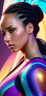 Futuristic woman with neon wings and braids in a vibrant art wallpaper.