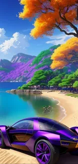 Purple sports car on a vibrant, futuristic beach with lush greenery.