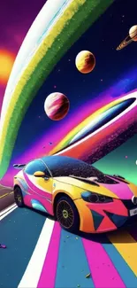 Colorful car racing through galactic space with vibrant planets.