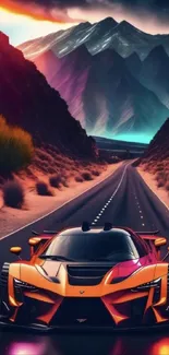 Futuristic sports car on vibrant mountain highway background.