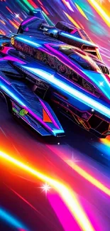 Futuristic car with neon colors and dynamic motion in vibrant blue hues.