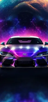 Futuristic car with neon purple hues on a cosmic backdrop.