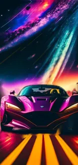 Futuristic purple car under a vibrant galaxy sky with neon colors.