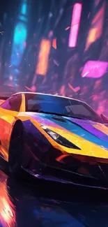 Futuristic car with vibrant neon lights in a digital art style.