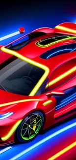 Futuristic red sports car with neon lights on mobile wallpaper.