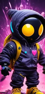 Futuristic cartoon character with glowing eyes and a purple backdrop.