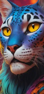 Vibrant blue futuristic cat with intense eyes and colorful background.