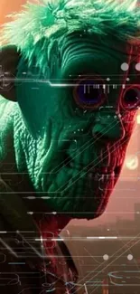 Futuristic character with green hue in neon cityscape background.