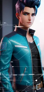 Futuristic character with blue jacket art design.