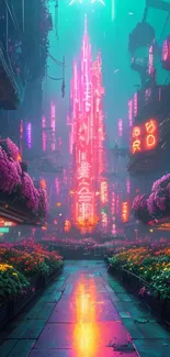 Futuristic cityscape with neon lights and colorful flowers.