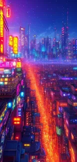 Futuristic cityscape with neon lights and skyscrapers at night.