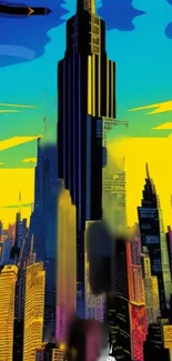 Vibrant futuristic city skyline wallpaper in neon colors.