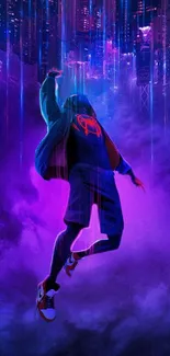 Dynamic figure jumping in neon cityscape with vibrant purple hues.