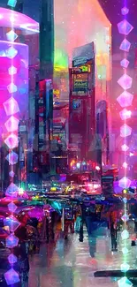 Futuristic cityscape with neon lights and flying cars, vibrant and colorful.