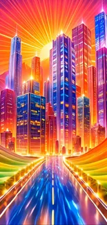 Vibrant futuristic cityscape with colorful skyscrapers and neon lights.