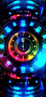 Vibrant neon clock with colorful lights.