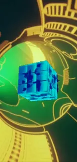 Futuristic cube on abstract green and yellow background.