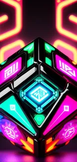 Futuristic cube with neon lights and glowing patterns.