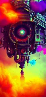 Futuristic engine with vibrant neon clouds background.