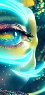 Futuristic digital art featuring a colorful eye with vibrant blue accents.