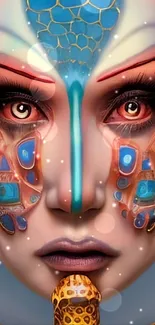 Abstract futuristic face art with vibrant colors and intricate designs.