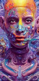 Futuristic digital face with vibrant colors and intricate artwork.