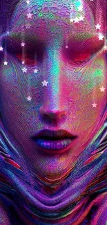 Vibrant digital face design with futuristic elements and bright colors.