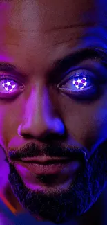 Futuristic face with neon glowing eyes in a vibrant purple hue.