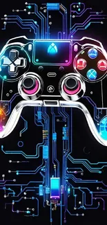 Neon gaming controller surrounded by circuit design on a black background.