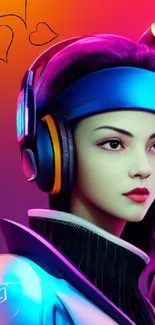 Futuristic girl with neon colors and headphones, vibrant digital art.