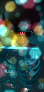 Futuristic neon art with afro silhouette and sunglasses.