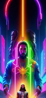 Futuristic neon digital art with vibrant colors and illuminated figures.