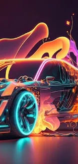 Futuristic car with neon flames and glowing accents in vibrant colors.