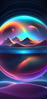 Futuristic neon landscape wallpaper with vibrant colors and surreal mountains.