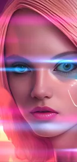 Futuristic neon portrait of a woman with blue eyes and pink light streaks.