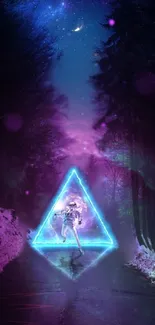 Neon triangle with runner in dark forest and starry sky.