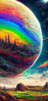 Vibrant multicolored alien planet with futuristic landscapes.