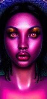 Futuristic portrait with vibrant magenta hues and glowing elements.